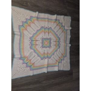 VTG Beautiful Handmade Crochet  Afghan Baby Blanket Multicolor.